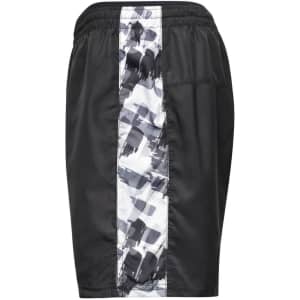 Men's sports shorts in black with a patterned white and grey side panel. Includes a logo on the fabric.