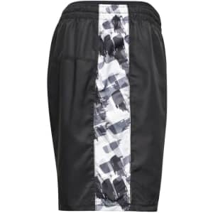 Men's sports shorts in black with a patterned grey and white side panel. Features an elastic waistband and pockets.