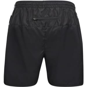 Black men's sports shorts featuring a zippered pocket and an elastic waistband. Logo present on the design.