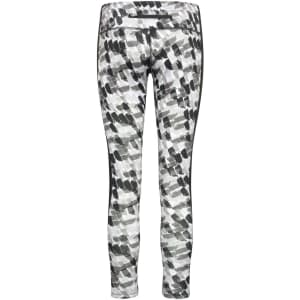 Ladies sports tights in a black and white abstract pattern, featuring a logo on the waistband.