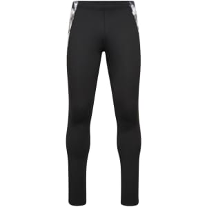 A pair of men's sports tights in black with a patterned detail on the sides. The product features a logo.