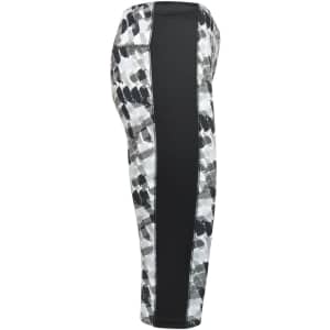 Ladies' 3/4 sports tights featuring a black and grey abstract pattern with a solid black side panel and a logo.