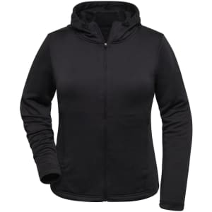 A black ladies sports zip hoodie featuring a zip front and a hood. The garment has a logo on it.