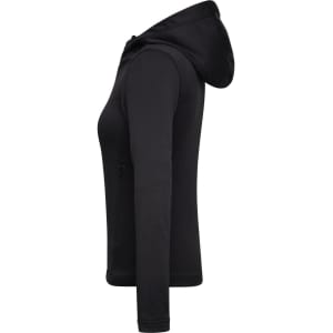 A black ladies sports zip hoodie, featuring a hood and long sleeves, with a discreet logo.