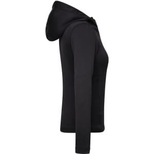 A black ladies' sports zip hoodie displayed from the side, featuring a hood and a fitted design.