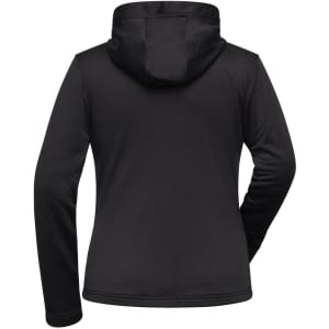 A black ladies' sports zip hoodie with a hood, featuring long sleeves and a fitted design.