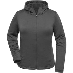 A grey ladies sports zip hoodie featuring a full zip front and a hood. It has a branded logo.