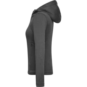 A grey women's sports zip hoodie with a fitted style and a hood, featuring a side zip pocket.