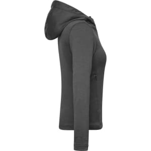 A grey ladies sports zip hoodie with a hood, featuring a logo and a fitted design.