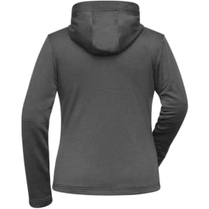 A grey ladies sports zip hoodie featuring a hood and long sleeves, showing the back view. Includes a logo.
