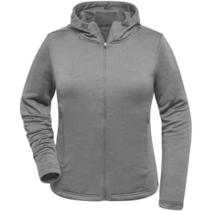 A grey zip hoodie for ladies featuring a hood and a branding logo. Perfect for casual wear.