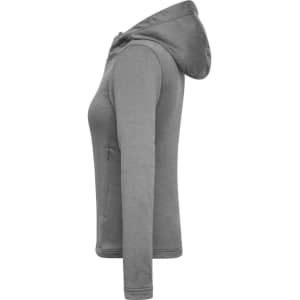A grey ladies sports zip hoodie with a zip closure and a hood, featuring a fitted design and long sleeves.