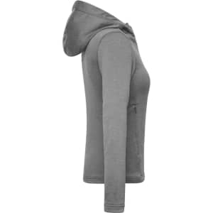 A grey ladies sports zip hoodie displayed from the side, featuring a fitted design and a hood. It has a logo on the garment.