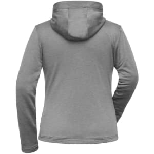 A grey ladies sports zip hoodie with a hood and long sleeves, featuring a logo on the back.