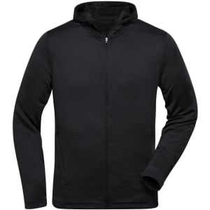 A black men's sports zip hoodie with a full-length zipper and a hood, featuring long sleeves and a fitted design.