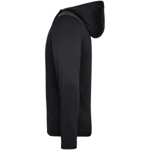 A black men's sports zip hoodie featuring a hood and a sleek, simple design. It has a logo on the front.