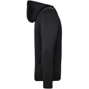 A black men's sports zip hoodie displayed from the side, featuring a hood and a smooth fabric.