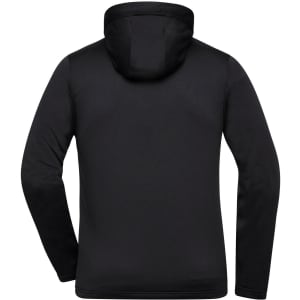 A black men's sports zip hoodie featuring a hood and long sleeves, with a logo on the back.