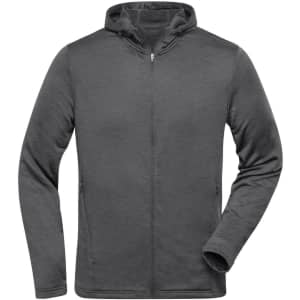 A men's sports zip hoodie in a solid grey colour, featuring a zip front and a hood. It has pockets and a logo.