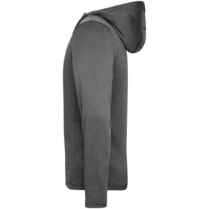 A men's sports zip hoodie in grey, featuring a hood and a zip closure, displayed from the side.