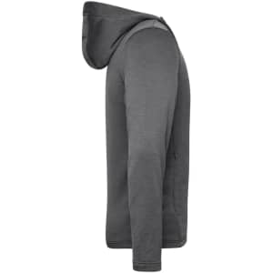 A grey men's sports zip hoodie featuring a hood and long sleeves. It has a logo on one side.