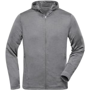 A grey men's sports zip hoodie with long sleeves and a zip front, featuring side pockets and a logo.