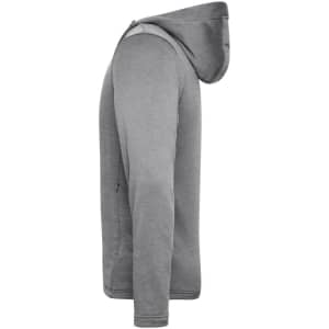 A grey men's sports zip hoodie displayed from the side, featuring a hood and a logo.
