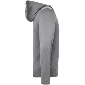A grey men's sports zip hoodie with a fitted design, featuring a hood and ribbed cuffs. It includes a logo on the garment.