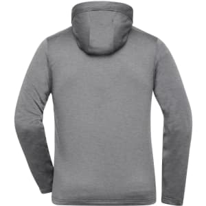 A grey men's sports zip hoodie with a hood and long sleeves, featuring a logo on the back.