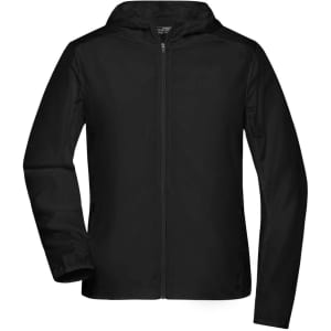 A black ladies sports jacket featuring a zip front and a hood, designed as a soft shell jacket with a logo.