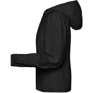 A black ladies sports jacket in a soft shell design, featuring a hood and long sleeves. It has a logo on it.
