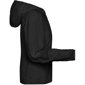 A black ladies' sports jacket with a hood, featuring long sleeves and a fitted design. It has a logo.