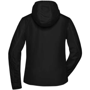 A black ladies sports jacket with a hood, featuring a smooth, soft shell texture and a logo on the back.