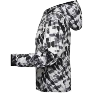 A ladies sports jacket in a black and white abstract pattern, featuring a hood and long sleeves. It has a logo.