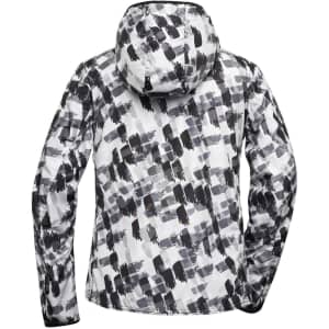 A ladies' soft shell jacket in a black and white abstract pattern, featuring a hood and a logo.