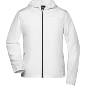 A white ladies' soft shell sports jacket with a hood and a front zip, featuring side pockets and a logo.