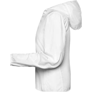 A white ladies' sports jacket with a hood, featuring a smooth soft shell design and a logo.
