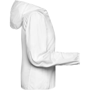 A white ladies' sports jacket with a hood and long sleeves, featuring a logo.
