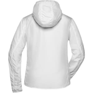 A white soft shell jacket for ladies with a hood, featuring a smooth finish and fitted design at the back.