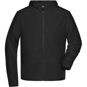 A black men's sports jacket featuring a zip front and a hood, with a logo on the chest.