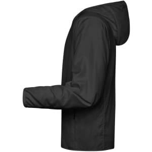 A men's sports jacket in black, featuring a hood and a sleek, lightweight design. Includes a logo on the chest.