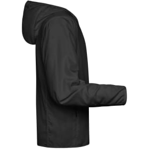 A black men's sports jacket with a hood, featuring a slim profile and long sleeves. It has a logo on it.