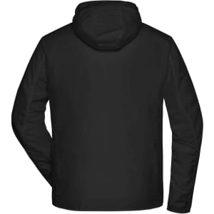 A black men's sports jacket featuring a hood and a simple, clean design, with a logo on the back.