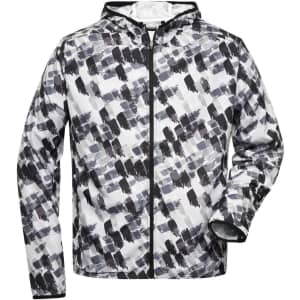 A men's sports jacket featuring a black and white abstract pattern, with a hood and front zip closure.