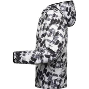 A men's sports jacket in a monochrome abstract pattern, featuring a hood and long sleeves. The jacket has a logo.