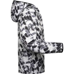 A men's track jacket in a black and white abstract pattern with a hood and long sleeves. Features a branding logo.