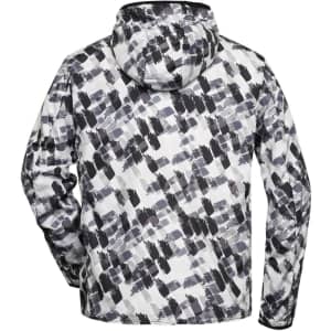 A men's sports jacket in a black, white, and grey abstract pattern, featuring a hood and a logo.