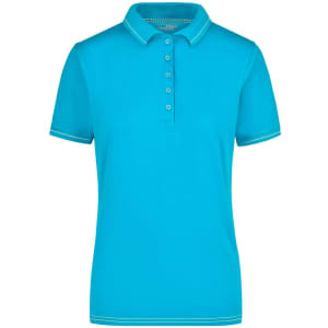 A turquoise ladies' elastic polo shirt with a collared neck and button placket, featuring contrasting trim.