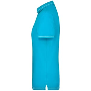A turquoise ladies' polo shirt with a collared neckline and short sleeves, featuring a logo.