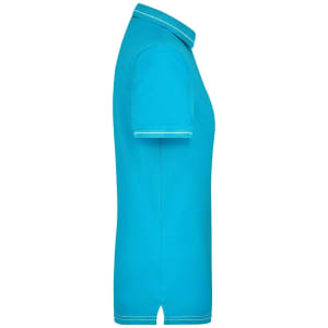 A turquoise polo shirt with short sleeves and contrasting trim, featuring a logo.